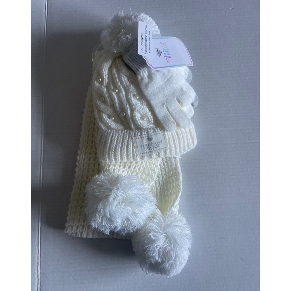 Girls’ Rainbow Sugar Gloves, Hat, and Scarf Set (One Size) - White